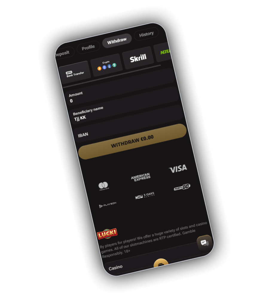 Lucki withdrawal options including bank transfer, crypto, Skrill and Neteller